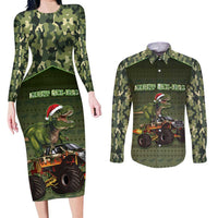 Dinosaur Christmas Couples Matching Long Sleeve Bodycon Dress and Long Sleeve Button Shirt Merry Rexmas - Wonder Print Shop