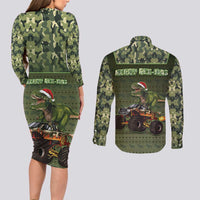 Dinosaur Christmas Couples Matching Long Sleeve Bodycon Dress and Long Sleeve Button Shirt Merry Rexmas - Wonder Print Shop