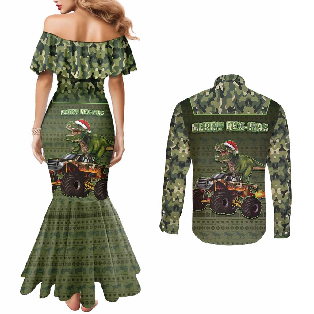 Dinosaur Christmas Couples Matching Mermaid Dress and Long Sleeve Button Shirt Merry Rexmas - Wonder Print Shop