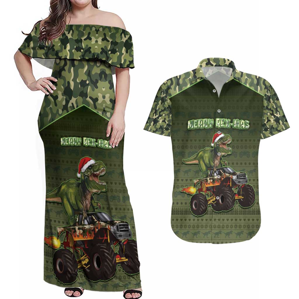 Dinosaur Christmas Couples Matching Off Shoulder Maxi Dress and Hawaiian Shirt Merry Rexmas - Wonder Print Shop