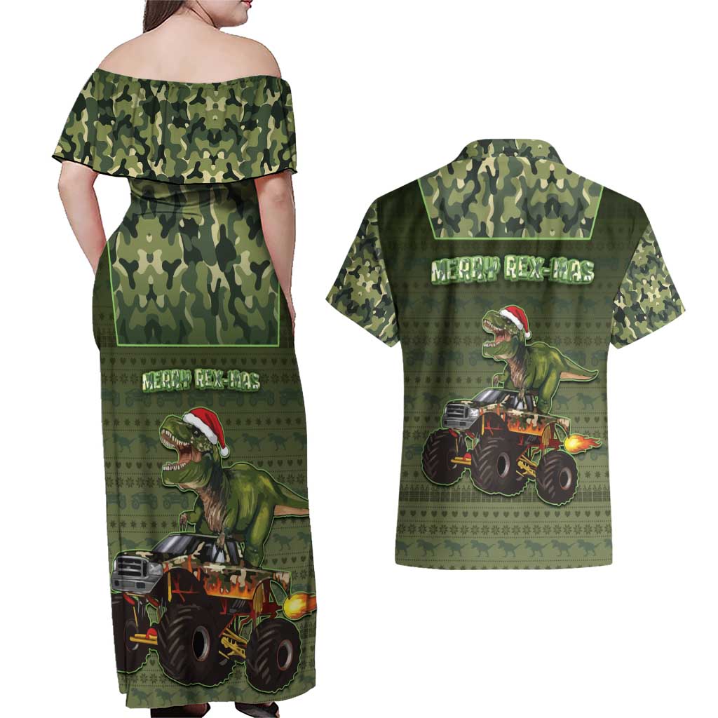 Dinosaur Christmas Couples Matching Off Shoulder Maxi Dress and Hawaiian Shirt Merry Rexmas - Wonder Print Shop