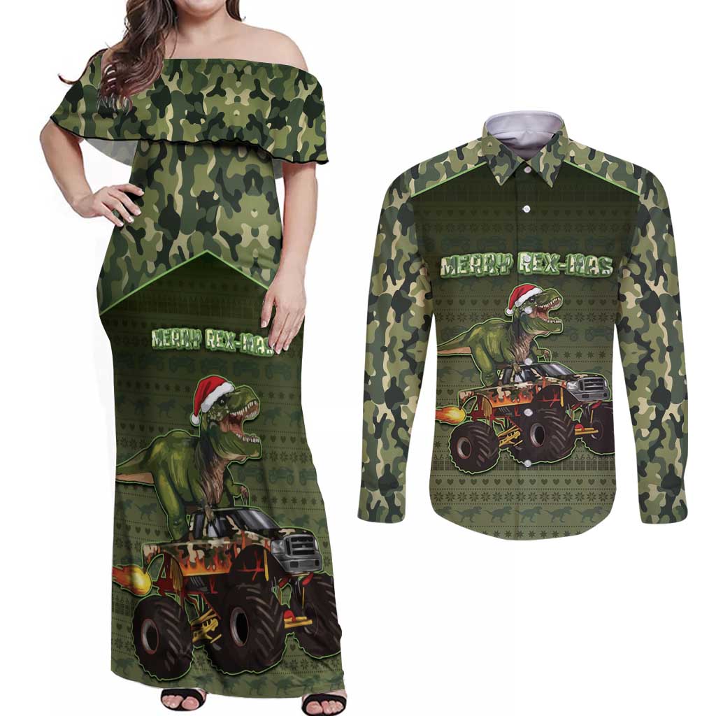 Dinosaur Christmas Couples Matching Off Shoulder Maxi Dress and Long Sleeve Button Shirt Merry Rexmas - Wonder Print Shop