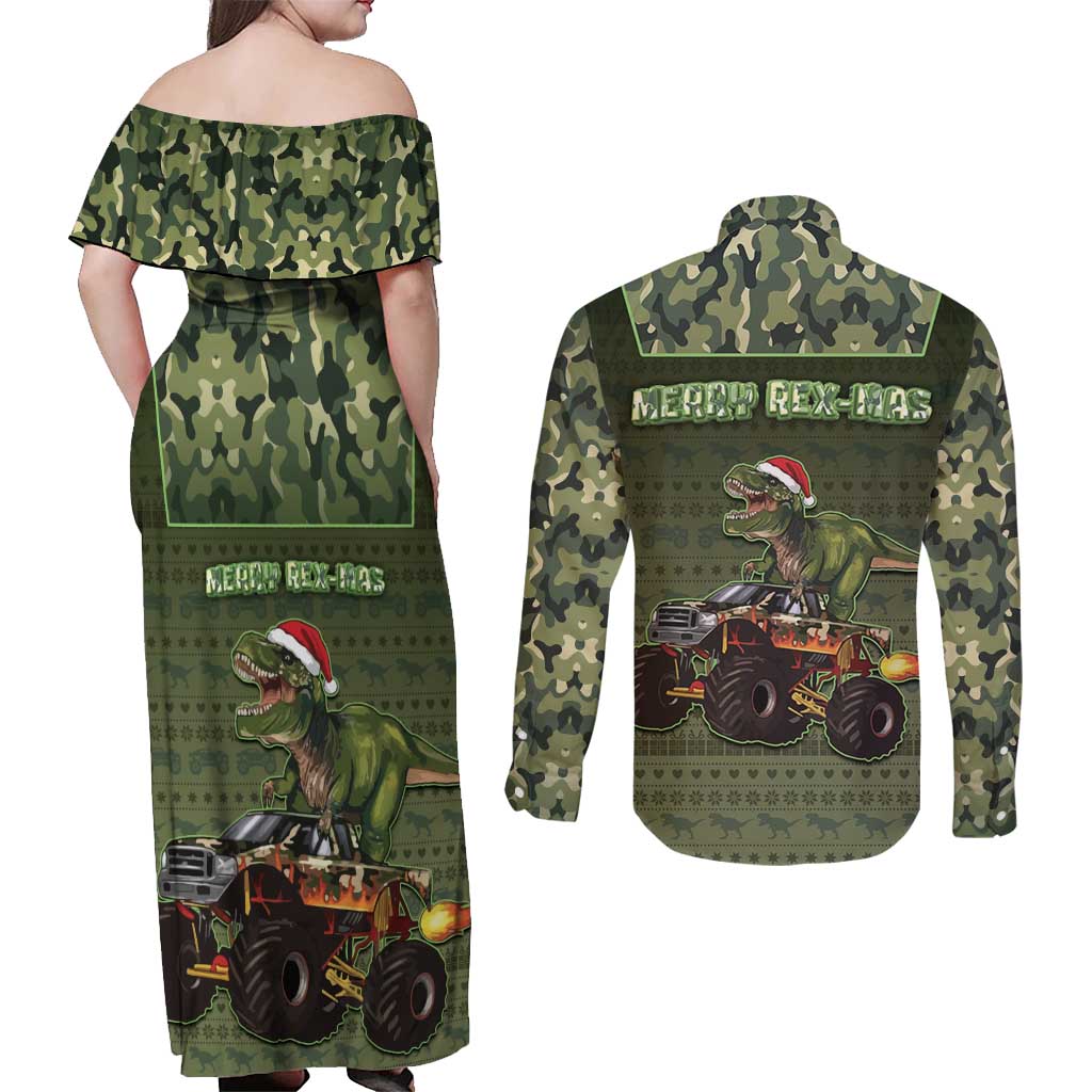 Dinosaur Christmas Couples Matching Off Shoulder Maxi Dress and Long Sleeve Button Shirt Merry Rexmas - Wonder Print Shop