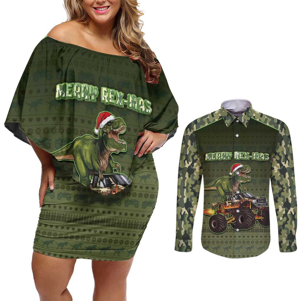 Dinosaur Christmas Couples Matching Off Shoulder Short Dress and Long Sleeve Button Shirt Merry Rexmas - Wonder Print Shop