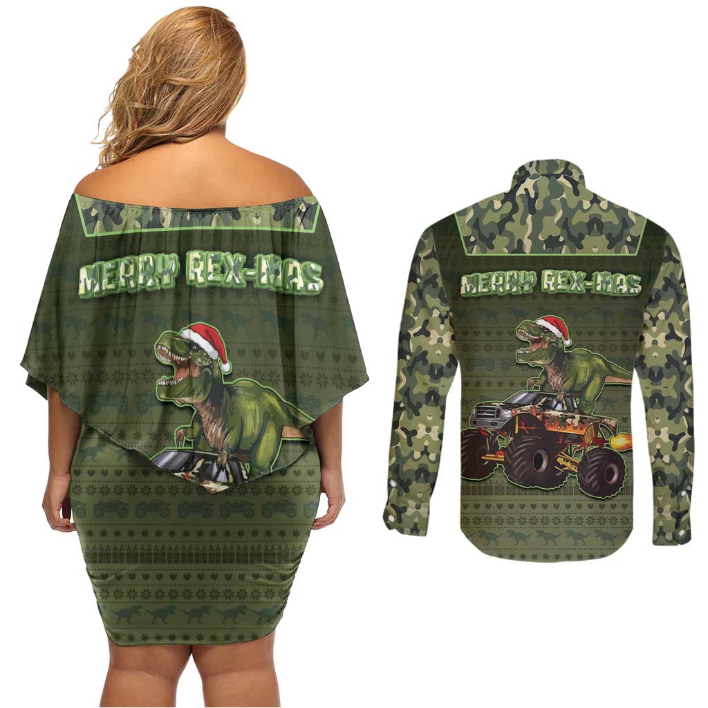 Dinosaur Christmas Couples Matching Off Shoulder Short Dress and Long Sleeve Button Shirt Merry Rexmas - Wonder Print Shop