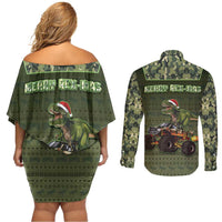 Dinosaur Christmas Couples Matching Off Shoulder Short Dress and Long Sleeve Button Shirt Merry Rexmas - Wonder Print Shop