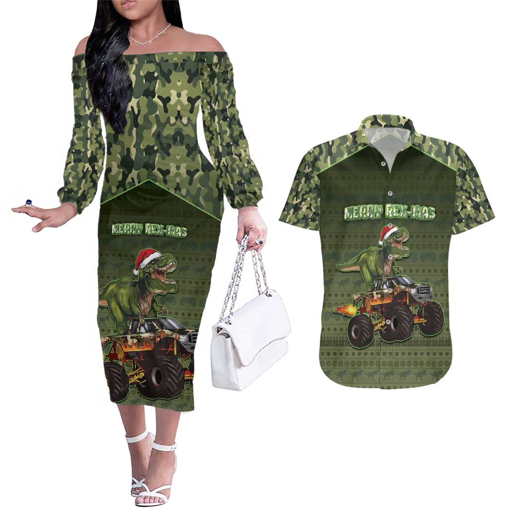 Dinosaur Christmas Couples Matching Off The Shoulder Long Sleeve Dress and Hawaiian Shirt Merry Rexmas - Wonder Print Shop