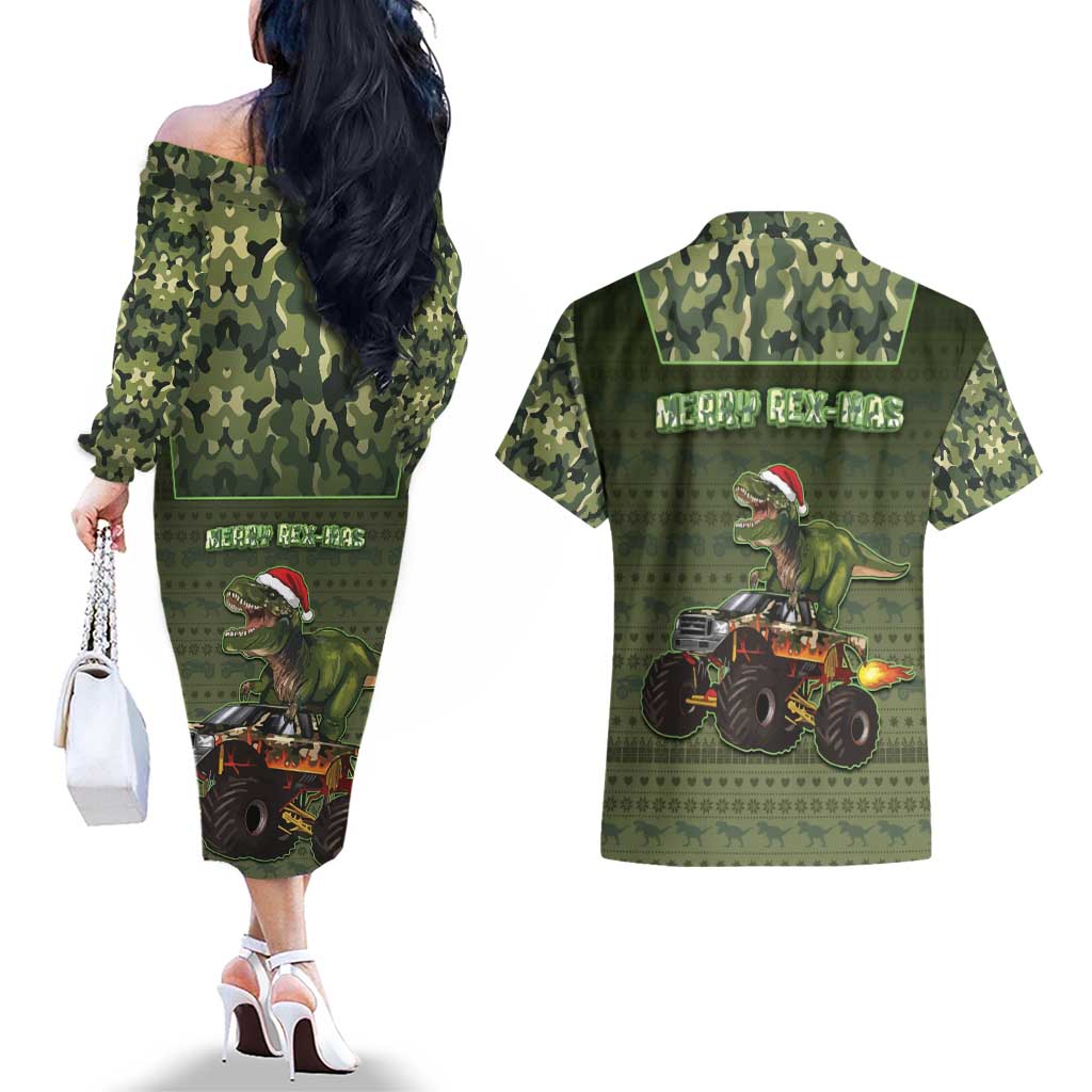 Dinosaur Christmas Couples Matching Off The Shoulder Long Sleeve Dress and Hawaiian Shirt Merry Rexmas - Wonder Print Shop