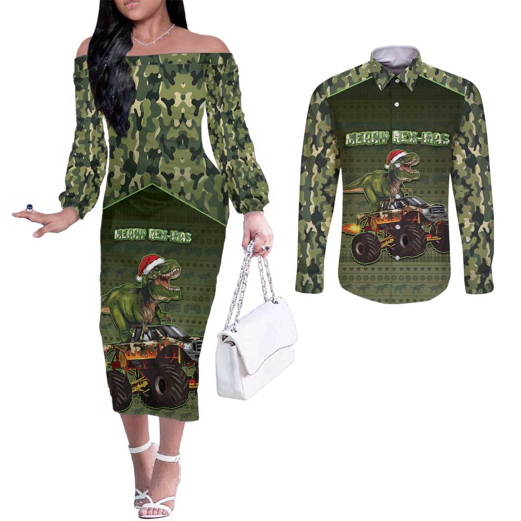 Dinosaur Christmas Couples Matching Off The Shoulder Long Sleeve Dress and Long Sleeve Button Shirt Merry Rexmas - Wonder Print Shop
