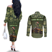 Dinosaur Christmas Couples Matching Off The Shoulder Long Sleeve Dress and Long Sleeve Button Shirt Merry Rexmas - Wonder Print Shop