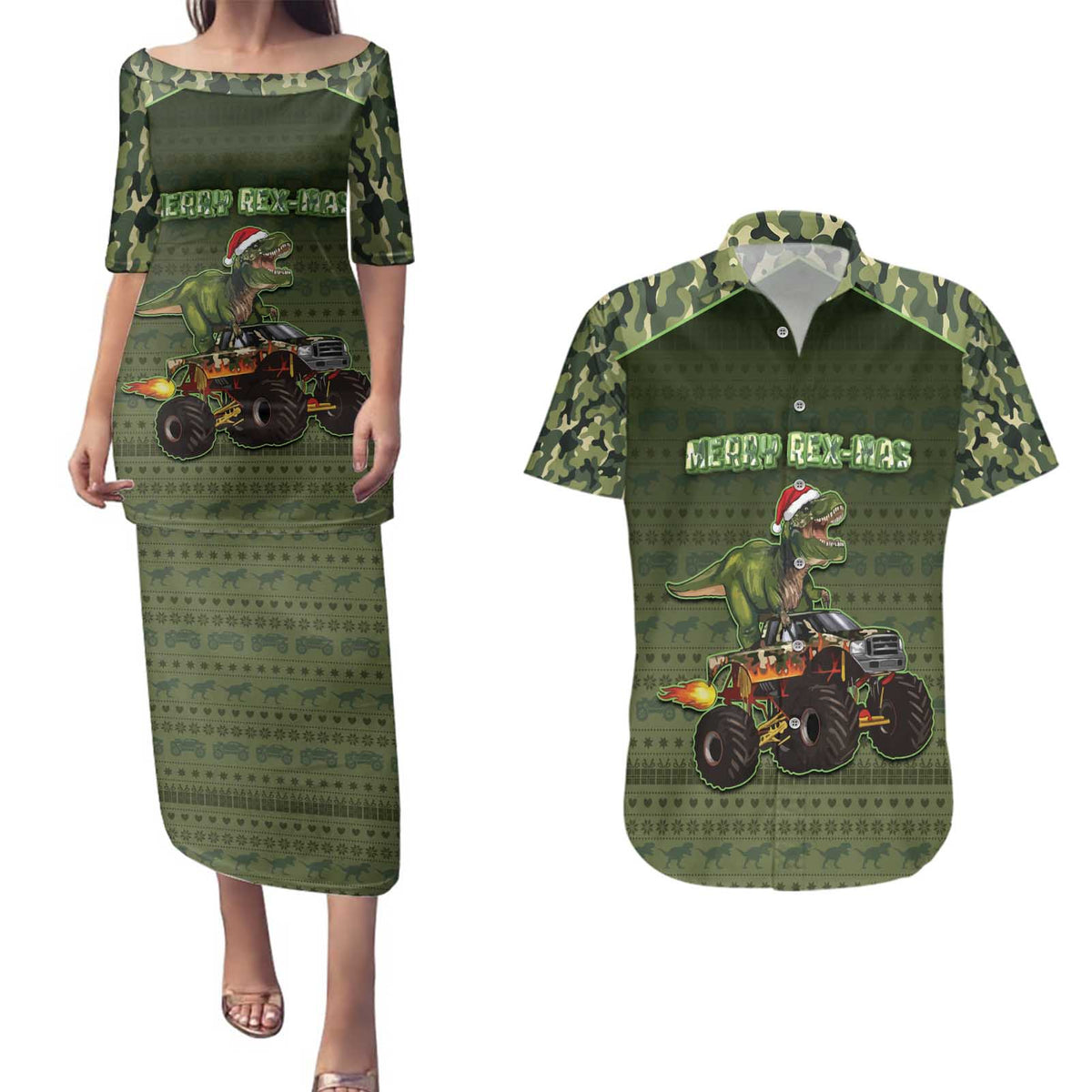 Dinosaur Christmas Couples Matching Puletasi and Hawaiian Shirt Merry Rexmas - Wonder Print Shop