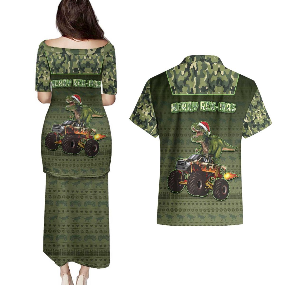 Dinosaur Christmas Couples Matching Puletasi and Hawaiian Shirt Merry Rexmas - Wonder Print Shop