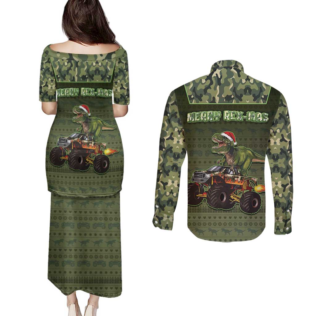 Dinosaur Christmas Couples Matching Puletasi and Long Sleeve Button Shirt Merry Rexmas - Wonder Print Shop