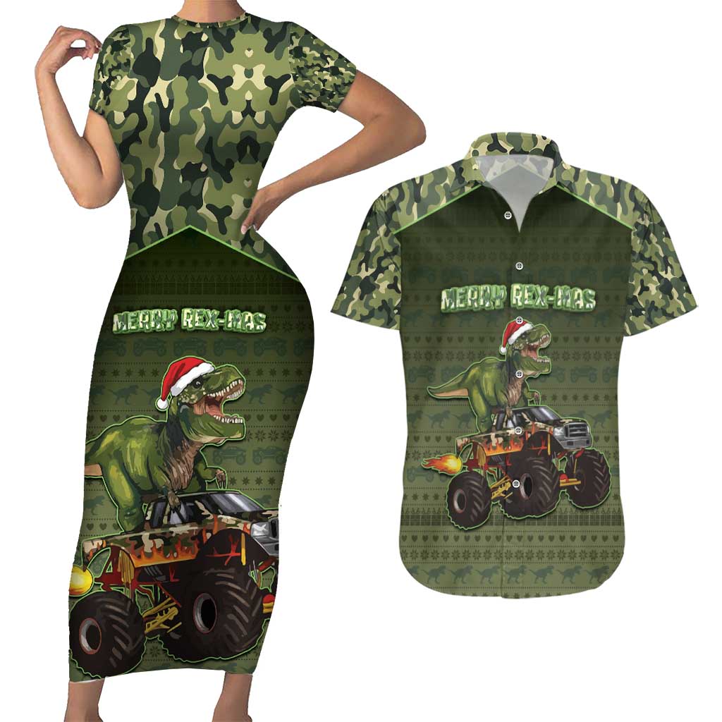 Dinosaur Christmas Couples Matching Short Sleeve Bodycon Dress and Hawaiian Shirt Merry Rexmas - Wonder Print Shop