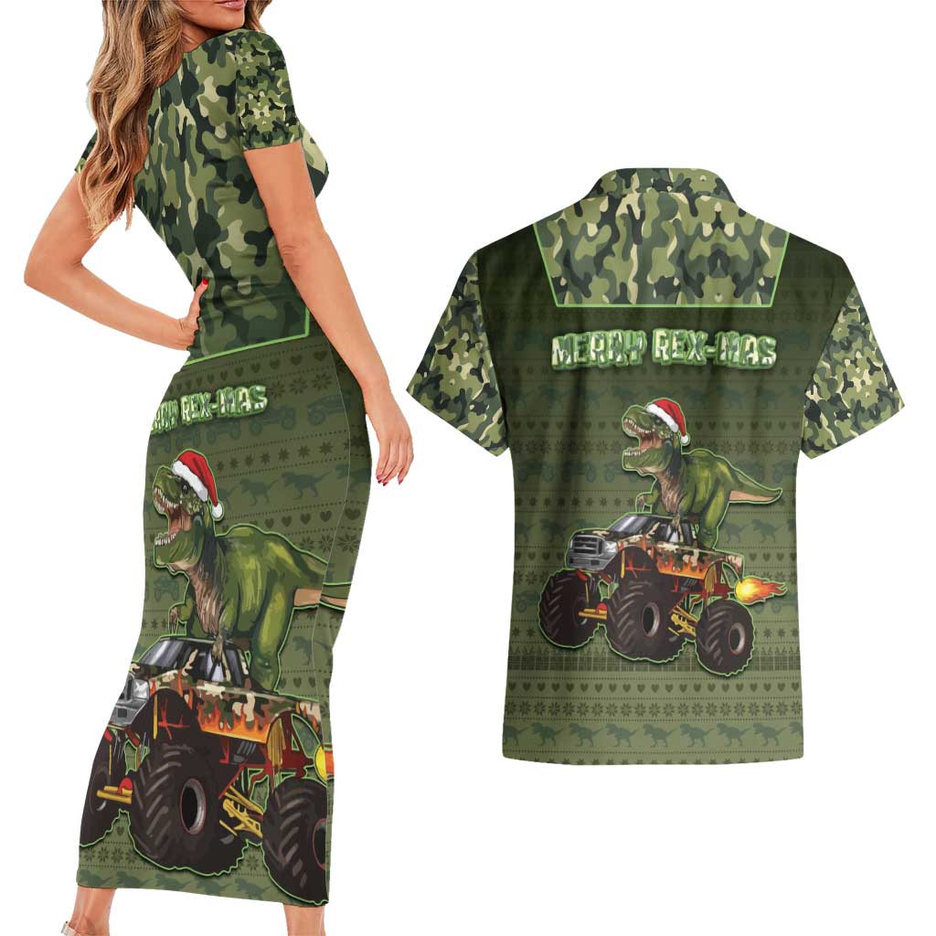 Dinosaur Christmas Couples Matching Short Sleeve Bodycon Dress and Hawaiian Shirt Merry Rexmas - Wonder Print Shop