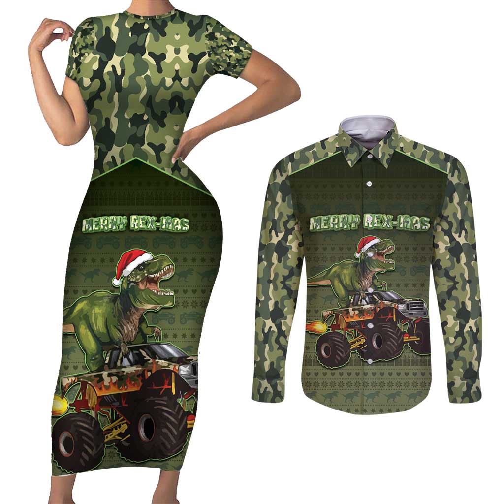 Dinosaur Christmas Couples Matching Short Sleeve Bodycon Dress and Long Sleeve Button Shirt Merry Rexmas - Wonder Print Shop