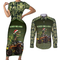Dinosaur Christmas Couples Matching Short Sleeve Bodycon Dress and Long Sleeve Button Shirt Merry Rexmas - Wonder Print Shop