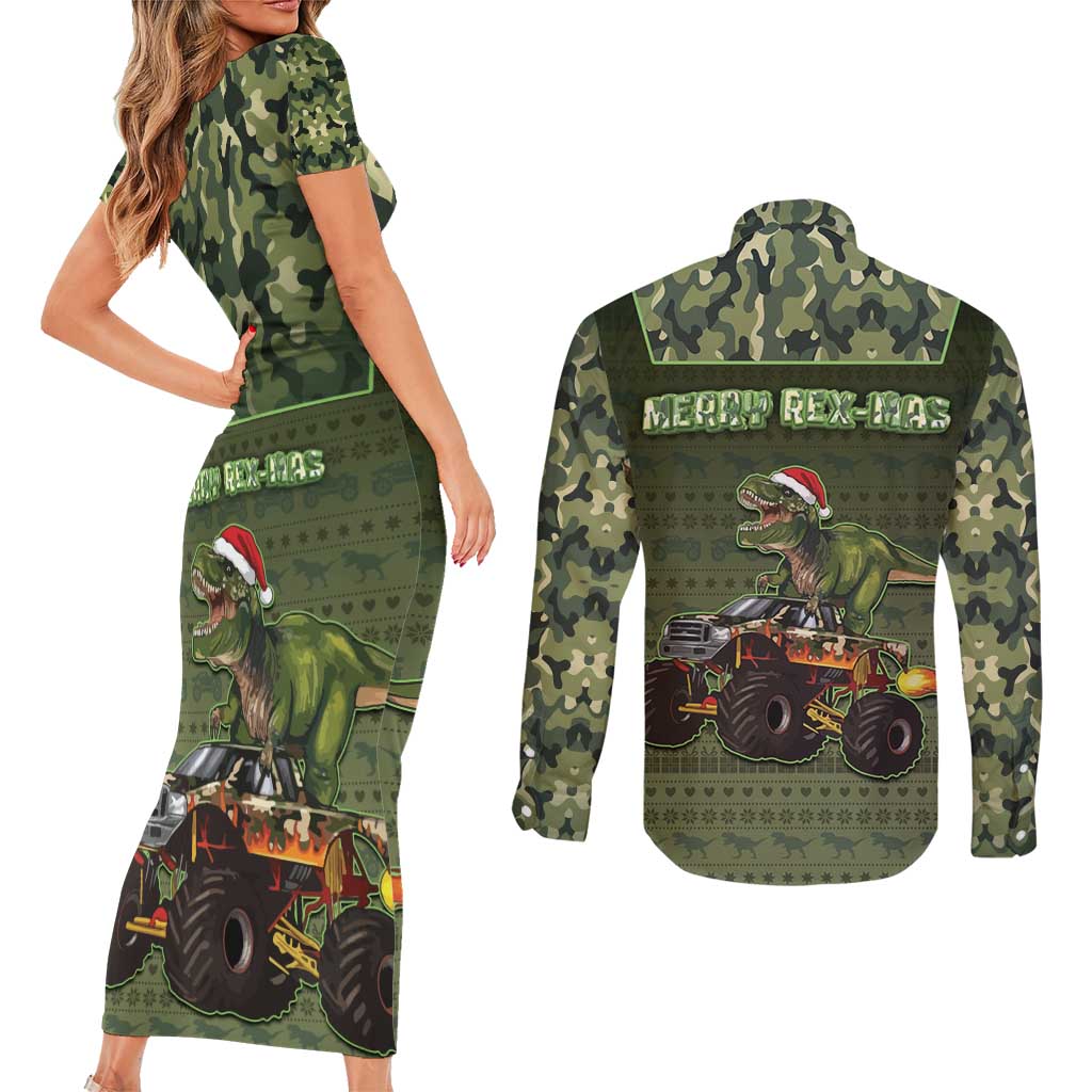 Dinosaur Christmas Couples Matching Short Sleeve Bodycon Dress and Long Sleeve Button Shirt Merry Rexmas - Wonder Print Shop