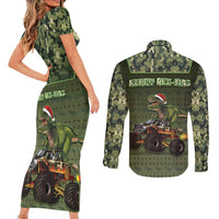 Dinosaur Christmas Couples Matching Short Sleeve Bodycon Dress and Long Sleeve Button Shirt Merry Rexmas - Wonder Print Shop