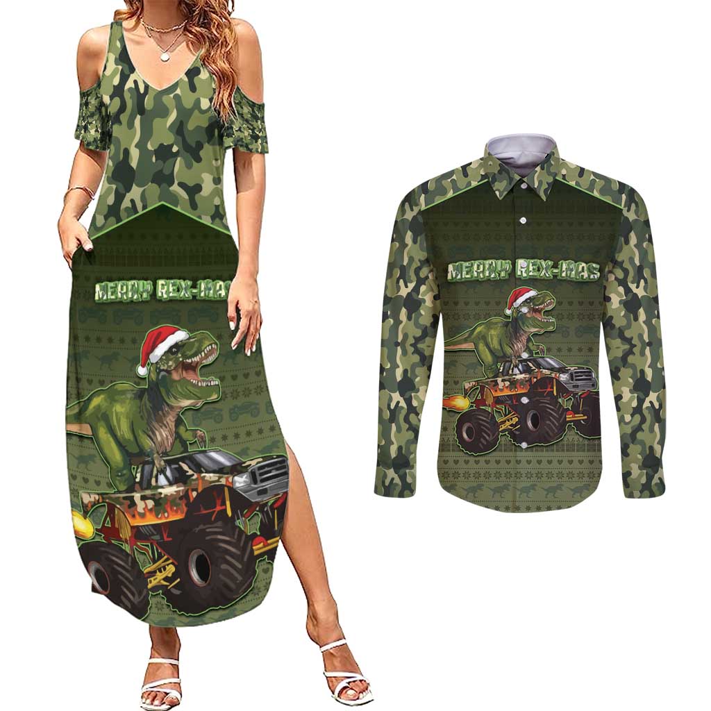 Dinosaur Christmas Couples Matching Summer Maxi Dress and Long Sleeve Button Shirt Merry Rexmas - Wonder Print Shop