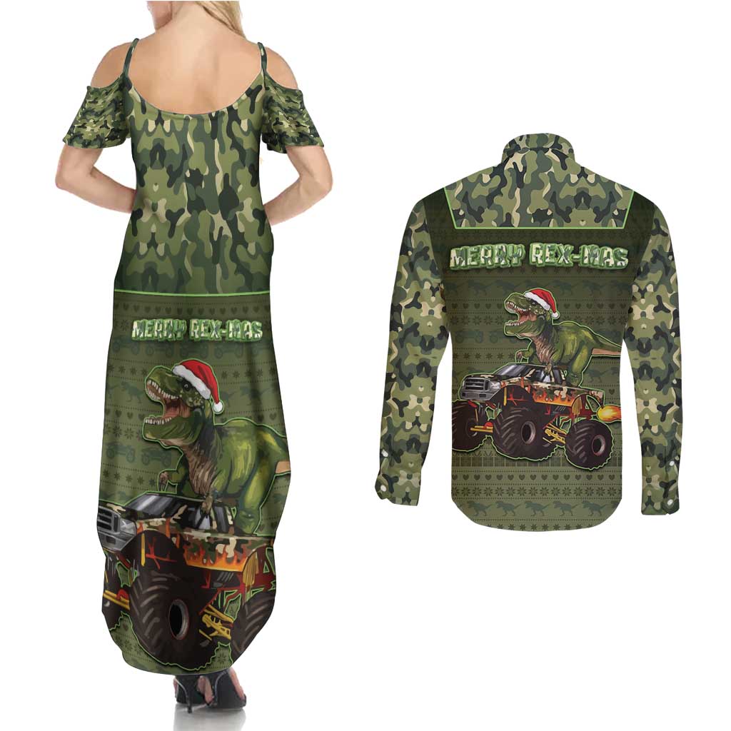 Dinosaur Christmas Couples Matching Summer Maxi Dress and Long Sleeve Button Shirt Merry Rexmas - Wonder Print Shop