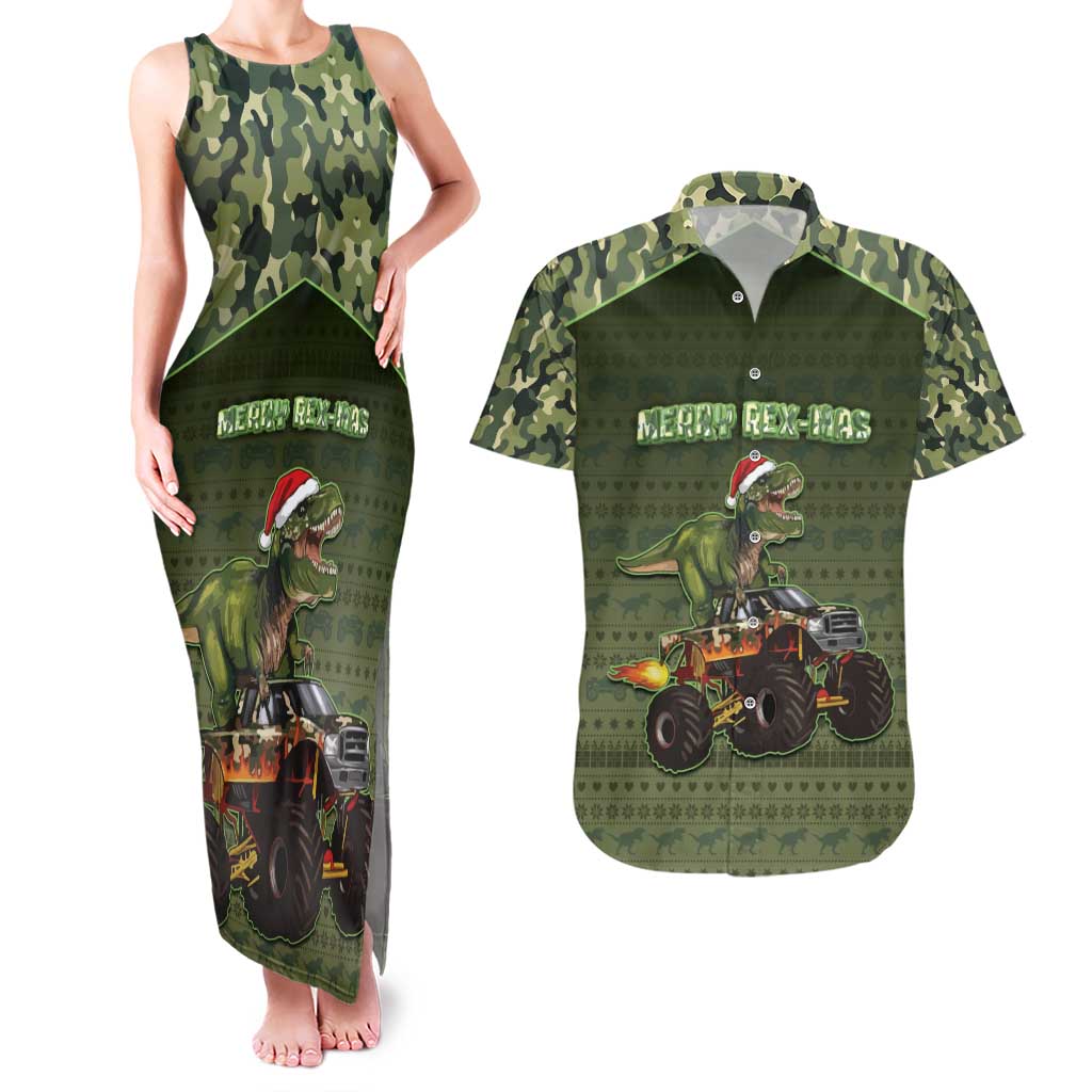 Dinosaur Christmas Couples Matching Tank Maxi Dress and Hawaiian Shirt Merry Rexmas - Wonder Print Shop
