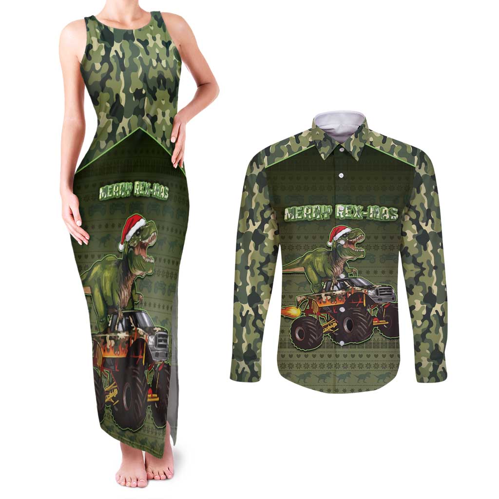 Dinosaur Christmas Couples Matching Tank Maxi Dress and Long Sleeve Button Shirt Merry Rexmas - Wonder Print Shop