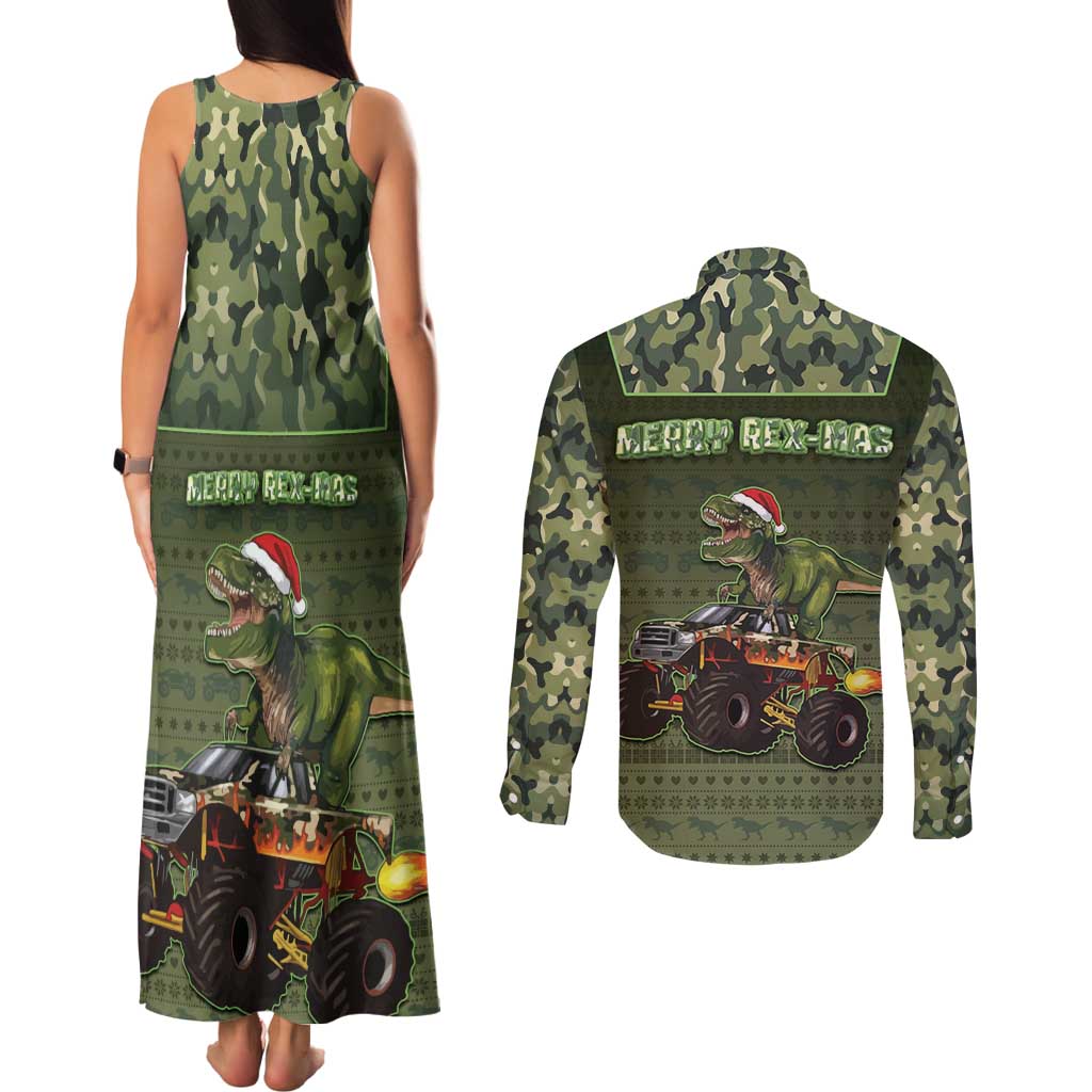 Dinosaur Christmas Couples Matching Tank Maxi Dress and Long Sleeve Button Shirt Merry Rexmas - Wonder Print Shop