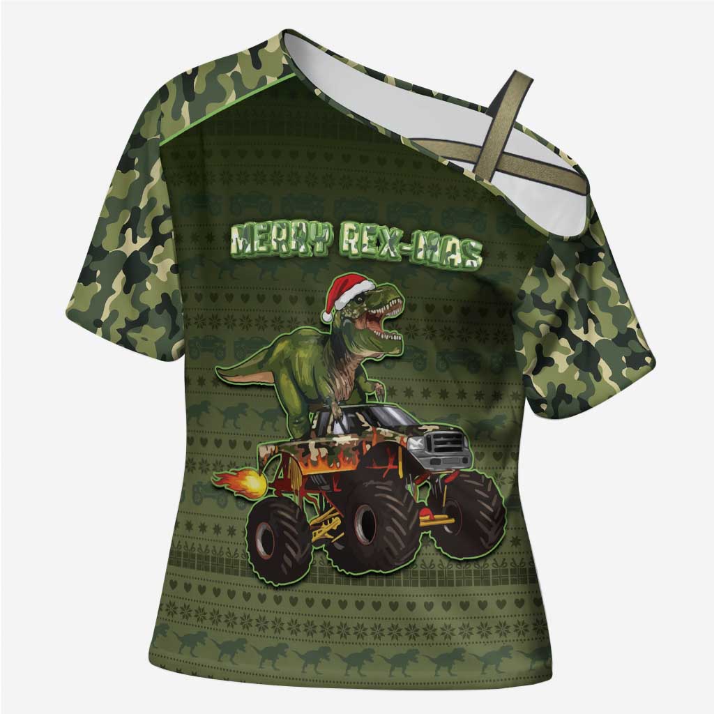 Dinosaur Christmas Cross Shoulder Shirt Merry Rexmas - Wonder Print Shop