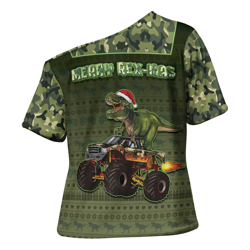Dinosaur Christmas Cross Shoulder Shirt Merry Rexmas - Wonder Print Shop