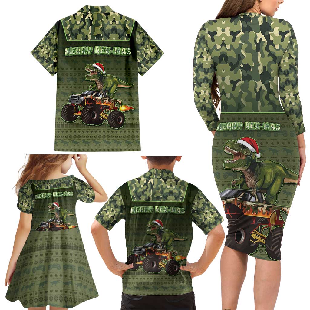Dinosaur Christmas Family Matching Long Sleeve Bodycon Dress and Hawaiian Shirt Merry Rexmas - Wonder Print Shop