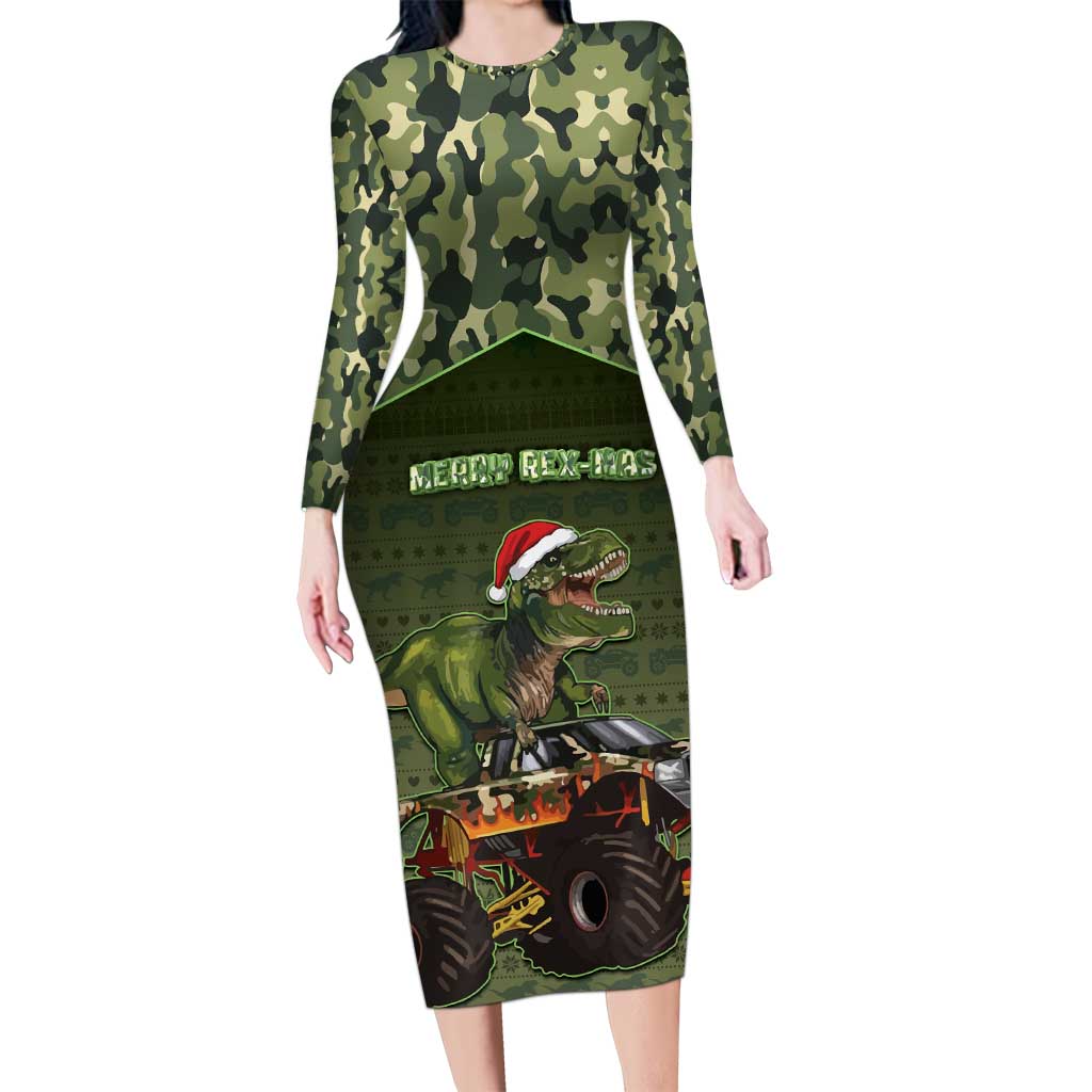 Dinosaur Christmas Family Matching Long Sleeve Bodycon Dress and Hawaiian Shirt Merry Rexmas - Wonder Print Shop