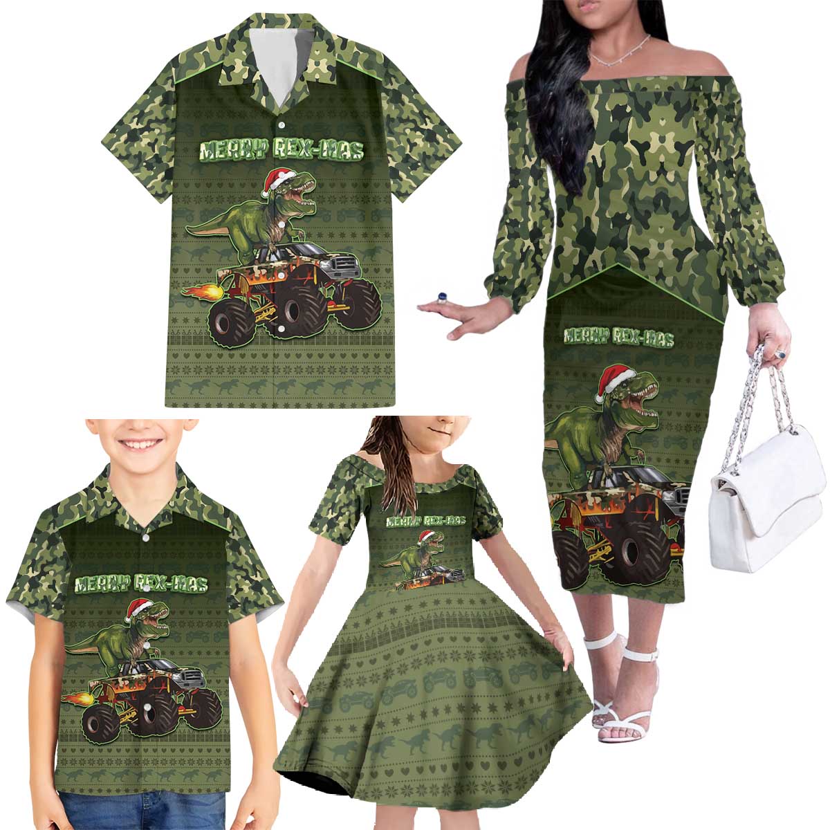 Dinosaur Christmas Family Matching Off The Shoulder Long Sleeve Dress and Hawaiian Shirt Merry Rexmas - Wonder Print Shop