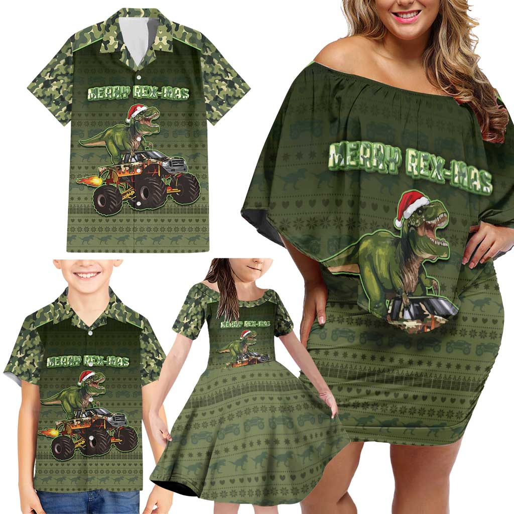 Dinosaur Christmas Family Matching Off Shoulder Short Dress and Hawaiian Shirt Merry Rexmas - Wonder Print Shop