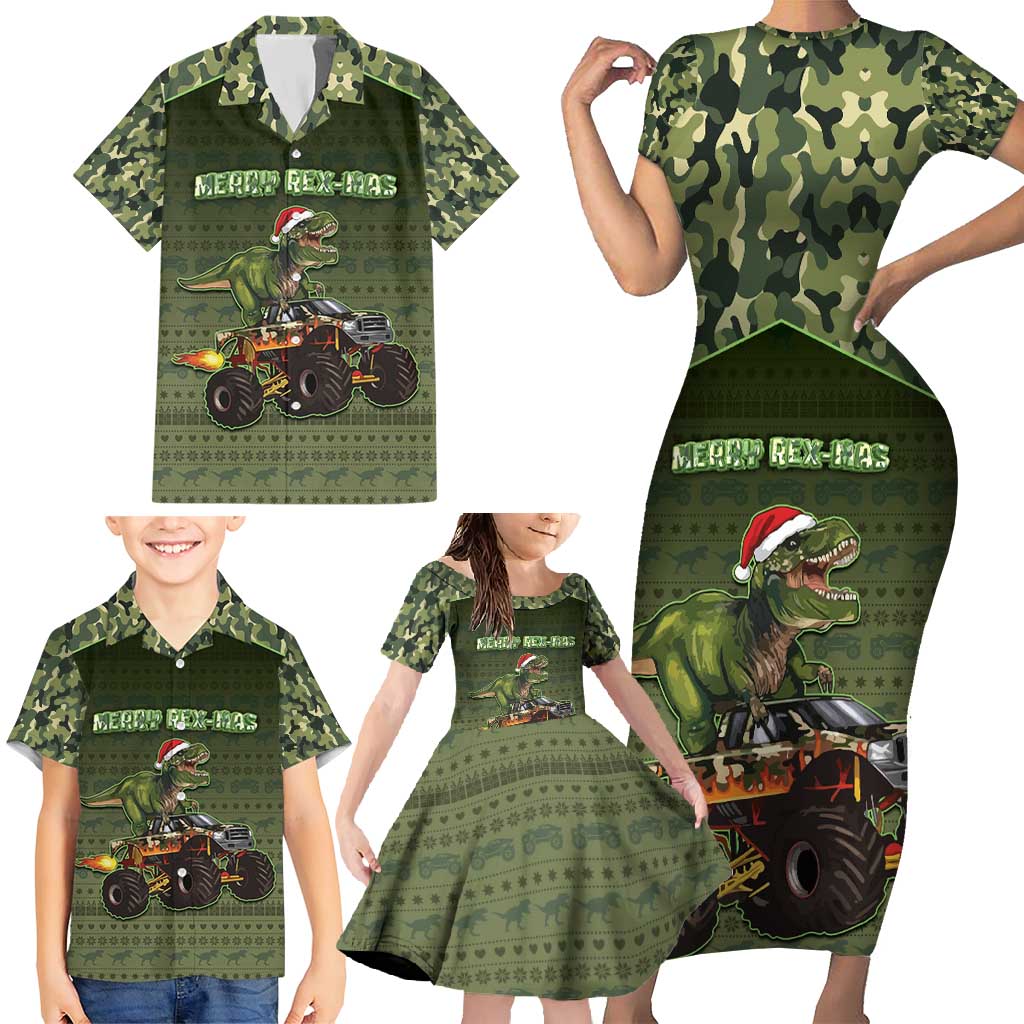 Dinosaur Christmas Family Matching Short Sleeve Bodycon Dress and Hawaiian Shirt Merry Rexmas - Wonder Print Shop
