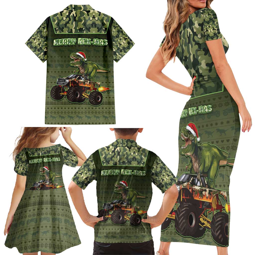 Dinosaur Christmas Family Matching Short Sleeve Bodycon Dress and Hawaiian Shirt Merry Rexmas - Wonder Print Shop