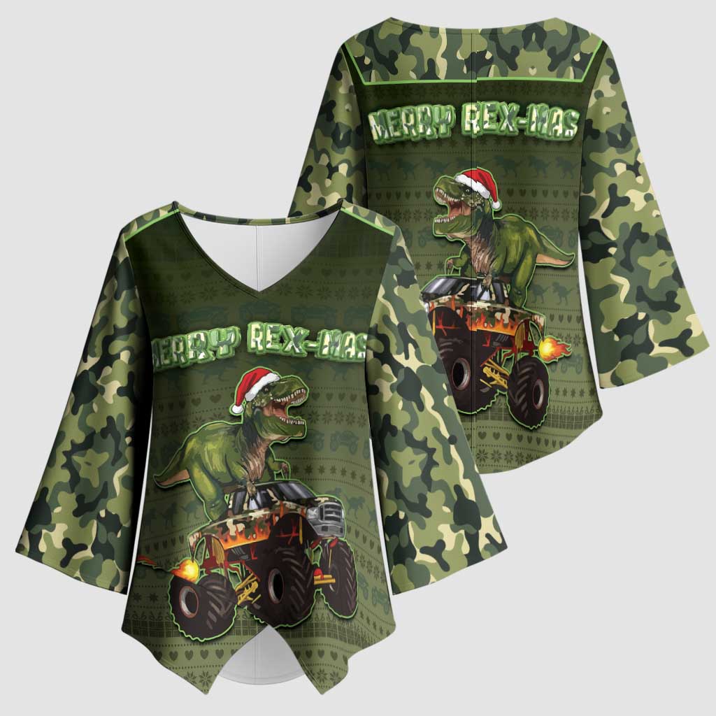 Dinosaur Christmas Kimono Sleeve Blouse Merry Rexmas - Wonder Print Shop