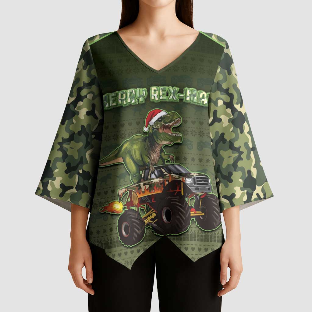 Dinosaur Christmas Kimono Sleeve Blouse Merry Rexmas - Wonder Print Shop