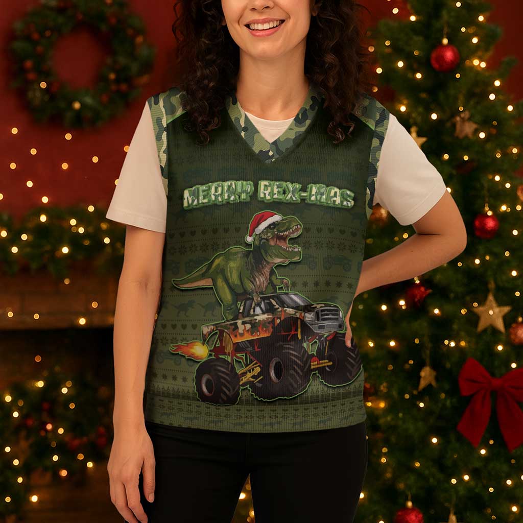 Dinosaur Christmas Knitted V-Neck Vest Merry Rexmas - Wonder Print Shop
