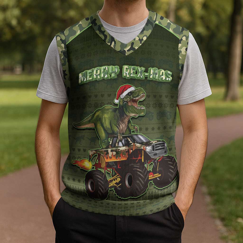 Dinosaur Christmas Knitted V-Neck Vest Merry Rexmas - Wonder Print Shop