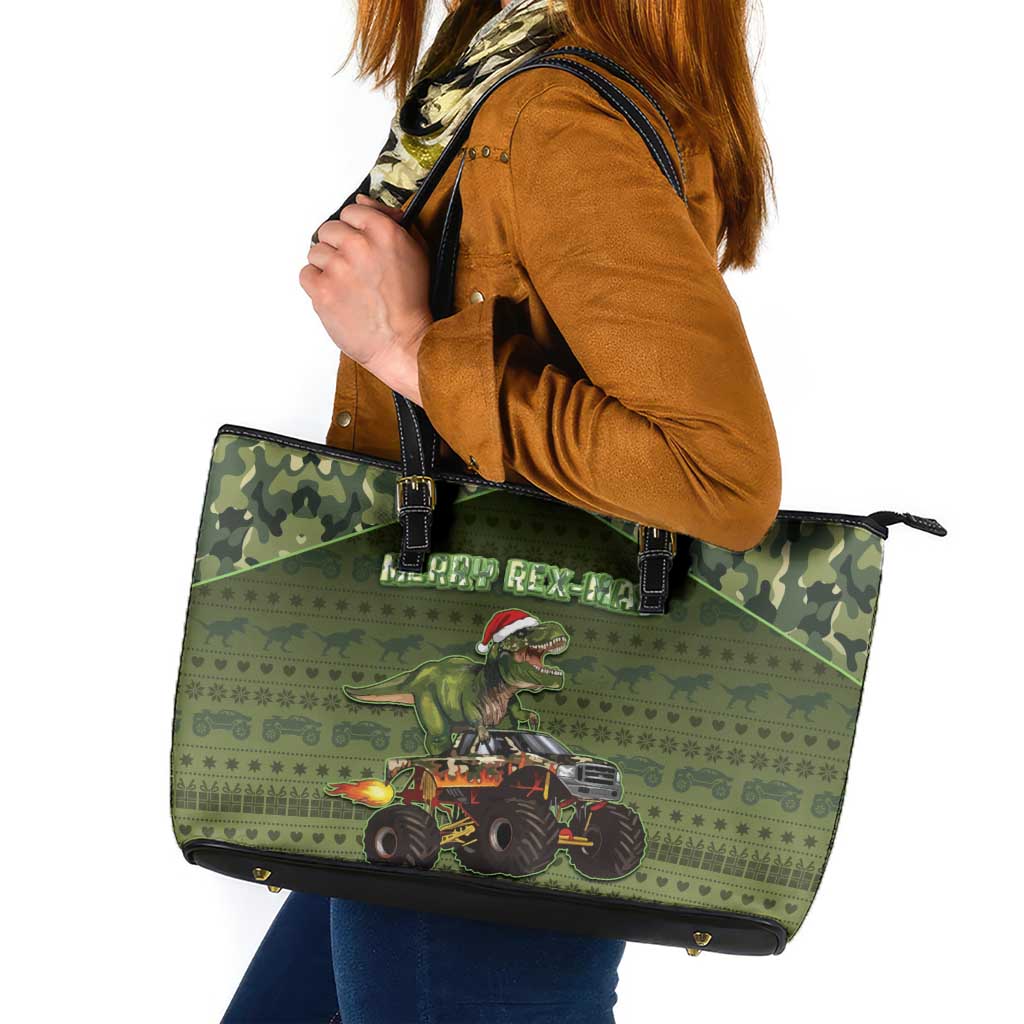 Dinosaur Christmas Leather Tote Bag Merry Rexmas - Wonder Print Shop