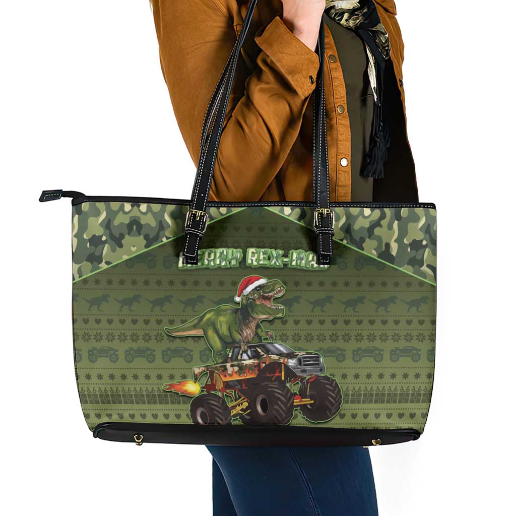 Dinosaur Christmas Leather Tote Bag Merry Rexmas - Wonder Print Shop
