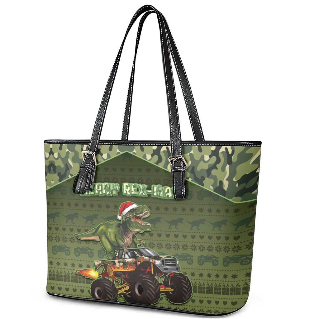 Dinosaur Christmas Leather Tote Bag Merry Rexmas - Wonder Print Shop