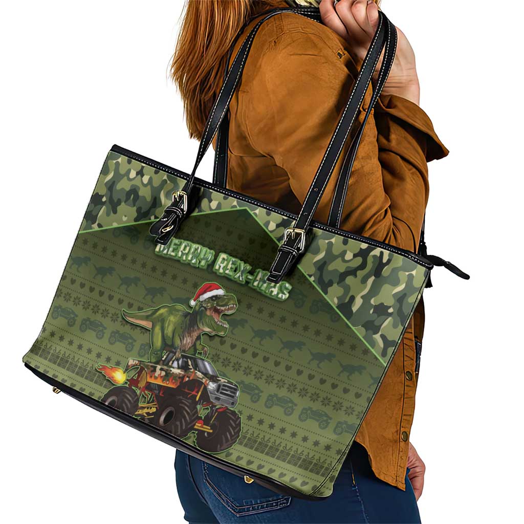 Dinosaur Christmas Leather Tote Bag Merry Rexmas - Wonder Print Shop