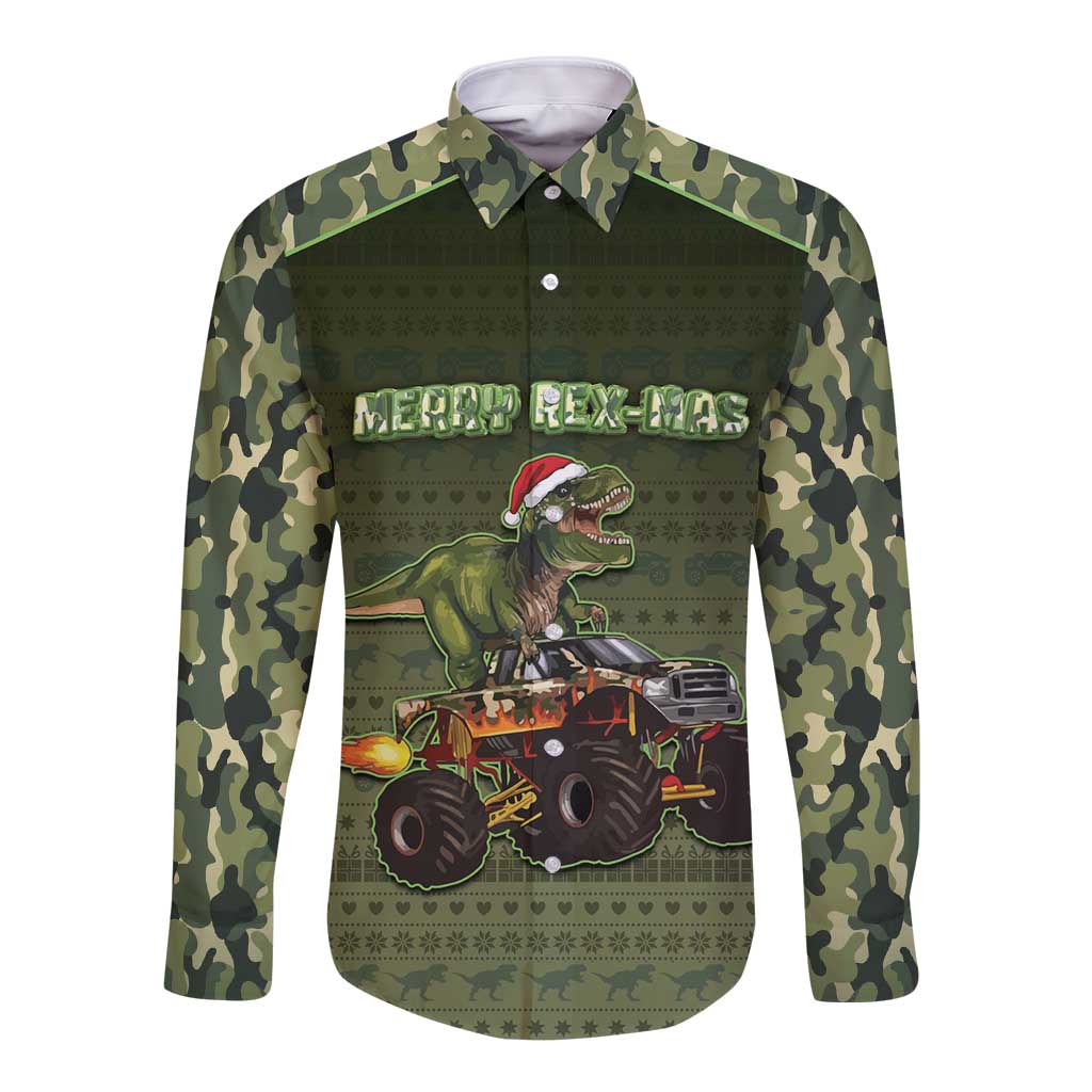 Dinosaur Christmas Long Sleeve Button Shirt Merry Rexmas - Wonder Print Shop