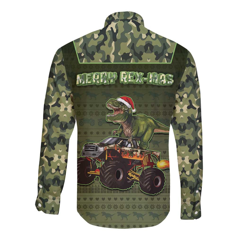 Dinosaur Christmas Long Sleeve Button Shirt Merry Rexmas - Wonder Print Shop