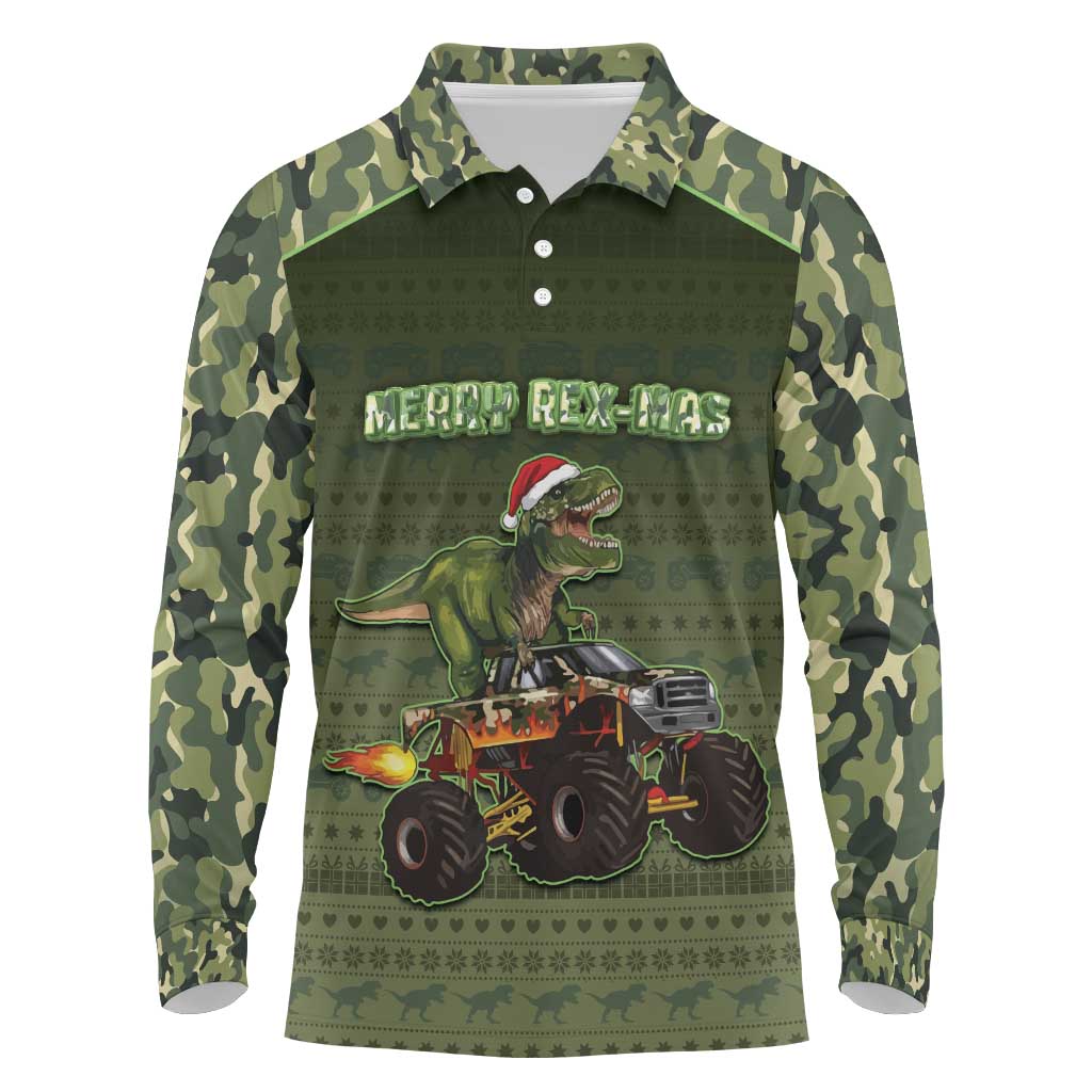 Dinosaur Christmas Long Sleeve Polo Shirt Merry Rexmas - Wonder Print Shop