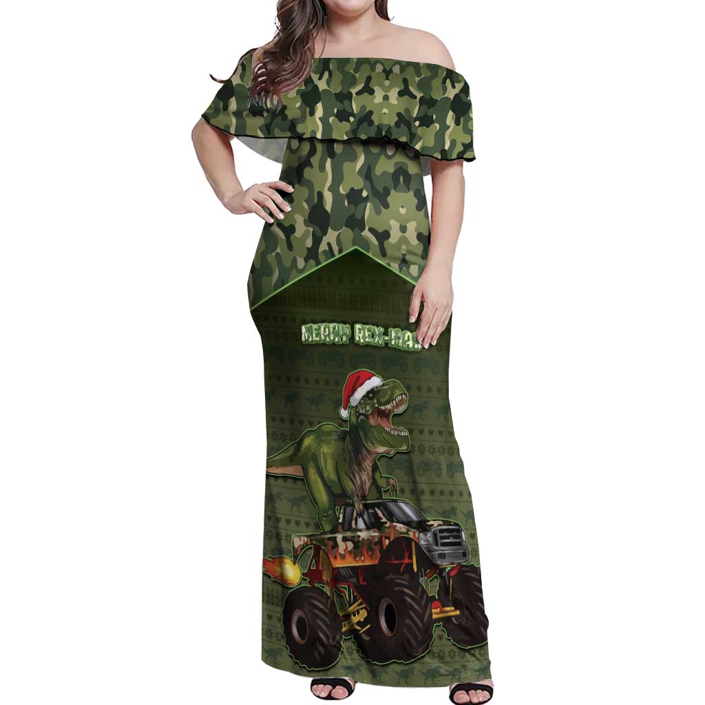 Dinosaur Christmas Off Shoulder Maxi Dress Merry Rexmas - Wonder Print Shop