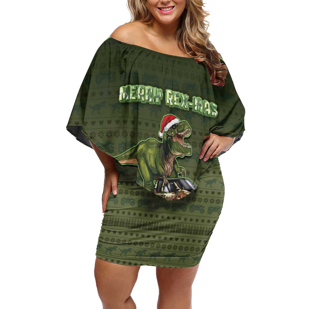 Dinosaur Christmas Off Shoulder Short Dress Merry Rexmas - Wonder Print Shop