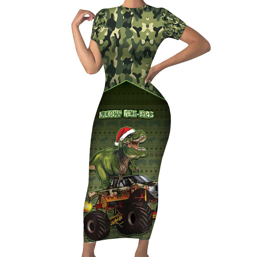 Dinosaur Christmas Short Sleeve Bodycon Dress Merry Rexmas - Wonder Print Shop